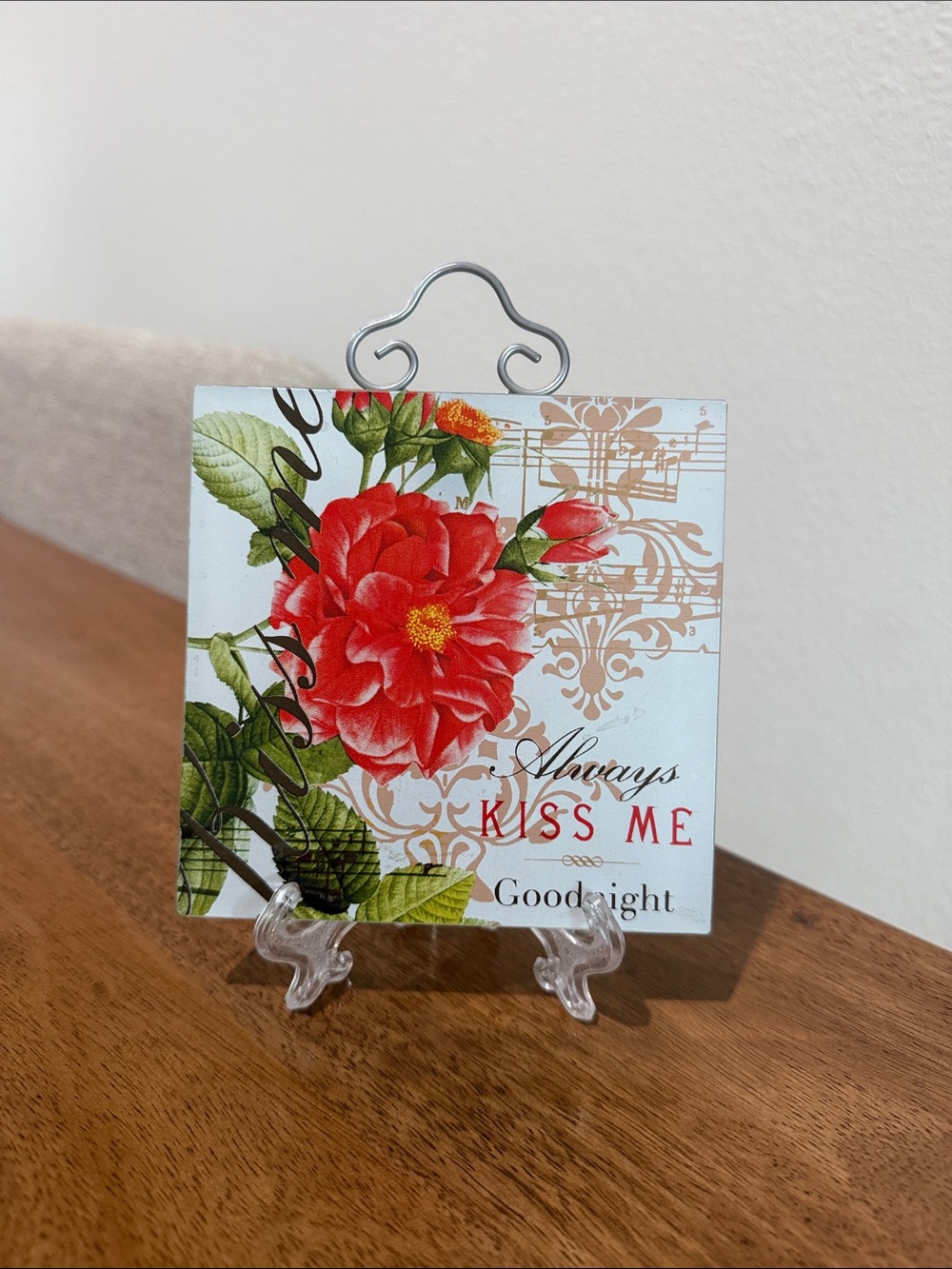 Floral 'Always Kiss Me' Decorative Tile Plaque - Red Flower